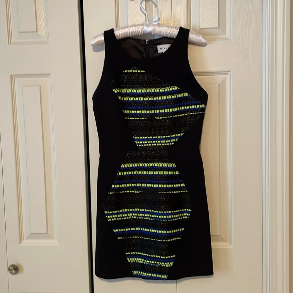 Milly dress size 4, black with colorful design of blue, chartreuse and black